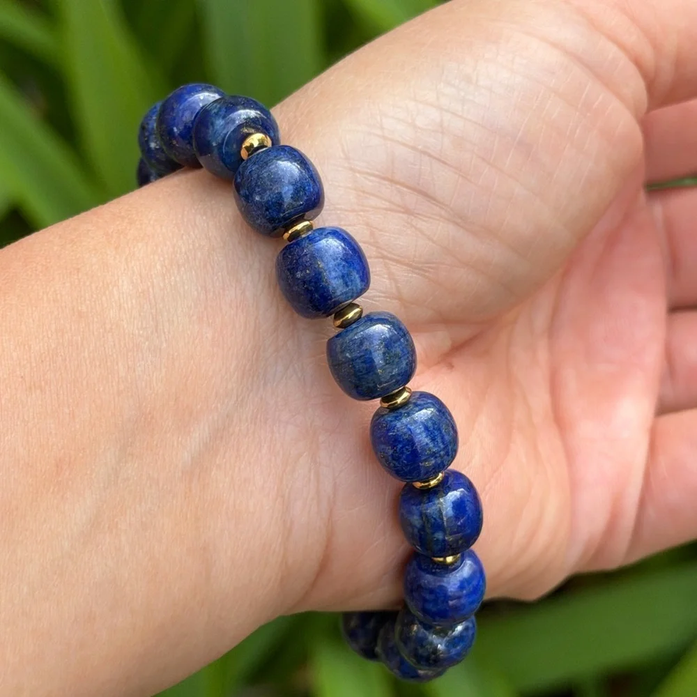 10mm stretchable stainless steel‎ blue lapis barrel shape bracelet 0808